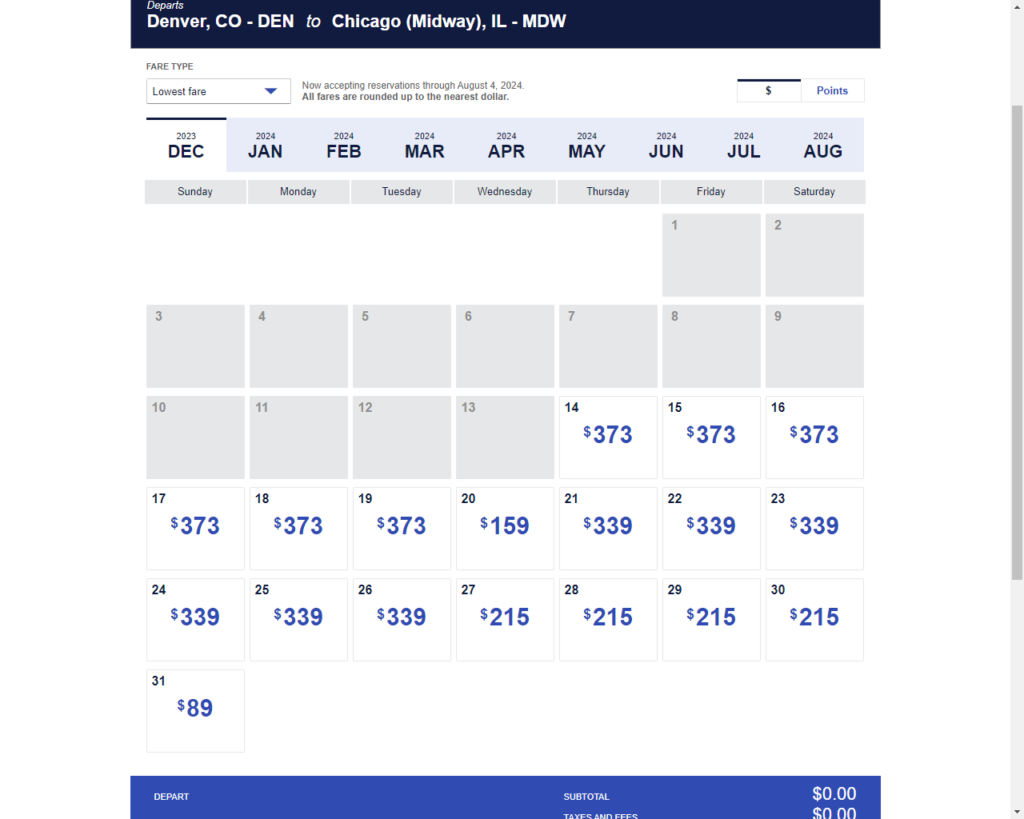 Southwest Low Fare Calendar Date Selection